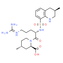 ChemSpider 2D Image | Diamino-N-[(4S)-5-[(2R,4R)-2-carboxy-4-methyl-1-piperidinyl]-4-({[(3R)-3-methyl-1,2,3,4-tetrahydro-8-quinolinyl]sulfonyl}amino)-5-oxopentyl]methaniminium | C23H37N6O5S