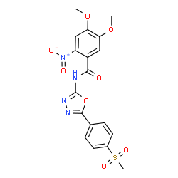 ChemSpider 2D Image | 4,5-Dimethoxy-N-{5-[4-(methylsulfonyl)phenyl]-1,3,4-oxadiazol-2-yl}-2-nitrobenzamide | C18H16N4O8S