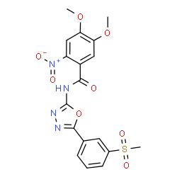 ChemSpider 2D Image | 4,5-Dimethoxy-N-{5-[3-(methylsulfonyl)phenyl]-1,3,4-oxadiazol-2-yl}-2-nitrobenzamide | C18H16N4O8S