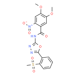 ChemSpider 2D Image | 4,5-Dimethoxy-N-{5-[2-(methylsulfonyl)phenyl]-1,3,4-oxadiazol-2-yl}-2-nitrobenzamide | C18H16N4O8S