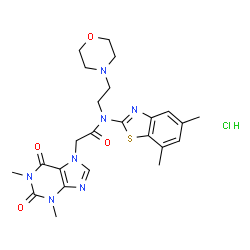 ChemSpider 2D Image | N-(5,7-Dimethyl-1,3-benzothiazol-2-yl)-2-(1,3-dimethyl-2,6-dioxo-1,2,3,6-tetrahydro-7H-purin-7-yl)-N-[2-(4-morpholinyl)ethyl]acetamide hydrochloride (1:1) | C24H30ClN7O4S