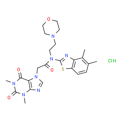 ChemSpider 2D Image | N-(4,5-Dimethyl-1,3-benzothiazol-2-yl)-2-(1,3-dimethyl-2,6-dioxo-1,2,3,6-tetrahydro-7H-purin-7-yl)-N-[2-(4-morpholinyl)ethyl]acetamide hydrochloride (1:1) | C24H30ClN7O4S