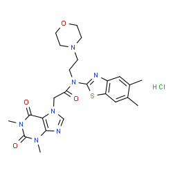ChemSpider 2D Image | N-(5,6-Dimethyl-1,3-benzothiazol-2-yl)-2-(1,3-dimethyl-2,6-dioxo-1,2,3,6-tetrahydro-7H-purin-7-yl)-N-[2-(4-morpholinyl)ethyl]acetamide hydrochloride (1:1) | C24H30ClN7O4S