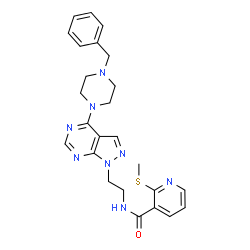 ChemSpider 2D Image | N-{2-[4-(4-Benzyl-1-piperazinyl)-1H-pyrazolo[3,4-d]pyrimidin-1-yl]ethyl}-2-(methylsulfanyl)nicotinamide | C25H28N8OS