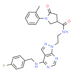 ChemSpider 2D Image | N-(2-{4-[(4-Fluorobenzyl)amino]-1H-pyrazolo[3,4-d]pyrimidin-1-yl}ethyl)-1-(2-methylphenyl)-5-oxo-3-pyrrolidinecarboxamide | C26H26FN7O2