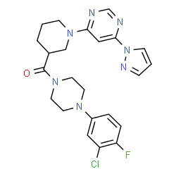 ChemSpider 2D Image | [4-(3-Chloro-4-fluorophenyl)-1-piperazinyl]{1-[6-(1H-pyrazol-1-yl)-4-pyrimidinyl]-3-piperidinyl}methanone | C23H25ClFN7O