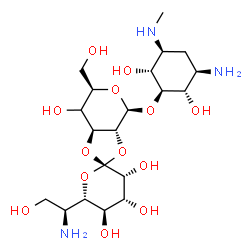 ChemSpider 2D Image | (2R,3'R,3aR,4S,4'R,5'R,6R,6'S,7aS)-4-{[(1R,2S,3R,5S,6R)-3-Amino-2,6-dihydroxy-5-(methylamino)cyclohexyl]oxy}-6'-[(1S)-1-amino-2-hydroxyethyl]-6-(hydroxymethyl)octahydro-4H-spiro[1,3-dioxolo[4,5-c]pyra
n-2,2'-pyran]-3',4',5',7-tetrol | C20H37N3O13