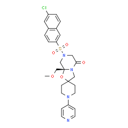 ChemSpider 2D Image | (8aS)-7-[(6-Chloro-2-naphthyl)sulfonyl]-8a-(methoxymethyl)-1'-(4-pyridinyl)tetrahydro-5H-spiro[1,3-oxazolo[3,2-a]pyrazine-2,4'-piperidin]-5-one | C27H29ClN4O5S