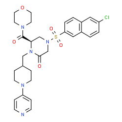 ChemSpider 2D Image | (6R)-4-[(6-Chloro-2-naphthyl)sulfonyl]-6-(4-morpholinylcarbonyl)-1-{[1-(4-pyridinyl)-4-piperidinyl]methyl}-2-piperazinone | C30H34ClN5O5S