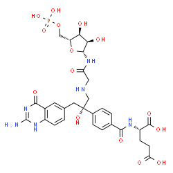 ChemSpider 2D Image | (2S)-2-({4-[(2S)-1-(2-Amino-4-oxo-1,4-dihydro-6-quinazolinyl)-3-{[2-({(2R,3R,4S,5R)-3,4-dihydroxy-5-[(phosphonooxy)methyl]tetrahydro-2-furanyl}amino)-2-oxoethyl]amino}-2-hydroxy-2-propanyl]benzoyl}ami
no)pentanedioic acid | C30H37N6O15P