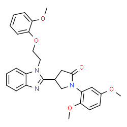 ChemSpider 2D Image | 1-(2,5-Dimethoxyphenyl)-4-{1-[2-(2-methoxyphenoxy)ethyl]-1H-benzimidazol-2-yl}-2-pyrrolidinone | C28H29N3O5
