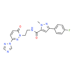 ChemSpider 2D Image | 3-(4-Fluorophenyl)-1-methyl-N-{2-[6-oxo-3-(1H-1,2,4-triazol-1-yl)-1(6H)-pyridazinyl]ethyl}-1H-pyrazole-5-carboxamide | C19H17FN8O2