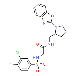 ChemSpider 2D Image | N-{[1-(1,3-Benzoxazol-2-yl)-2-pyrrolidinyl]methyl}-N~2~-[(3-chloro-4-fluorophenyl)sulfonyl]glycinamide | C20H20ClFN4O4S