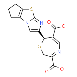 ChemSpider 2D Image | (7R)-7-(6,7-Dihydro-5H-cyclopenta[d]imidazo[2,1-b][1,3]thiazol-2-yl)-2,7-dihydro-1,4-thiazepine-3,6-dicarboxylic acid | C15H13N3O4S2