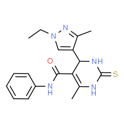 ChemSpider 2D Image | 4-(1-Ethyl-3-methyl-1H-pyrazol-4-yl)-6-methyl-N-phenyl-2-thioxo-1,2,3,4-tetrahydro-5-pyrimidinecarboxamide | C18H21N5OS