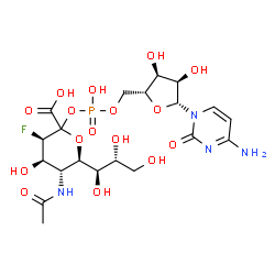 ChemSpider 2D Image | (3R,4R,5R,6R)-5-Acetamido-2-{[{[(2R,3S,4R,5R)-5-(4-amino-2-oxo-1(2H)-pyrimidinyl)-3,4-dihydroxytetrahydro-2-furanyl]methoxy}(hydroxy)phosphoryl]oxy}-3-fluoro-4-hydroxy-6-[(1R,2R)-1,2,3-trihydroxypropy
l]tetrahydro-2H-pyran-2-carboxylic acid | C20H30FN4O16P
