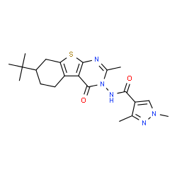 ChemSpider 2D Image | 1,3-Dimethyl-N-[2-methyl-7-(2-methyl-2-propanyl)-4-oxo-5,6,7,8-tetrahydro[1]benzothieno[2,3-d]pyrimidin-3(4H)-yl]-1H-pyrazole-4-carboxamide | C21H27N5O2S