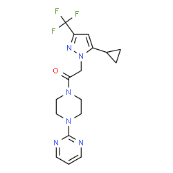 ChemSpider 2D Image | 2-[5-Cyclopropyl-3-(trifluoromethyl)-1H-pyrazol-1-yl]-1-[4-(2-pyrimidinyl)-1-piperazinyl]ethanone | C17H19F3N6O