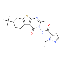 ChemSpider 2D Image | 1-Ethyl-N-[2-methyl-7-(2-methyl-2-propanyl)-4-oxo-5,6,7,8-tetrahydro[1]benzothieno[2,3-d]pyrimidin-3(4H)-yl]-1H-pyrazole-5-carboxamide | C21H27N5O2S