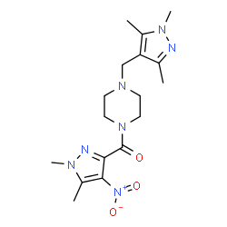 ChemSpider 2D Image | (1,5-Dimethyl-4-nitro-1H-pyrazol-3-yl){4-[(1,3,5-trimethyl-1H-pyrazol-4-yl)methyl]-1-piperazinyl}methanone | C17H25N7O3