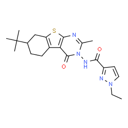 ChemSpider 2D Image | 1-Ethyl-N-[2-methyl-7-(2-methyl-2-propanyl)-4-oxo-5,6,7,8-tetrahydro[1]benzothieno[2,3-d]pyrimidin-3(4H)-yl]-1H-pyrazole-3-carboxamide | C21H27N5O2S