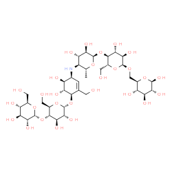 ChemSpider 2D Image | 4,6-Dideoxy-4-{[(1S,4R,5R,6S)-4-{[4-O-(alpha-D-glucopyranosyl)-alpha-D-glucopyranosyl]oxy}-5,6-dihydroxy-3-(hydroxymethyl)-2-cyclohexen-1-yl]amino}-alpha-D-glucopyranosyl-(1->4)-alpha-D-glucopyranosyl
-(1->6)-beta-D-glucopyranose | C37H63NO28