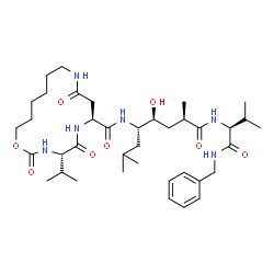 ChemSpider 2D Image | N-[(4S,5S,7R)-8-({(S)-1-[(BENZYLAMINO)OXOMETHYL]-2-METHYLPROPYL}AMINO)-5-HYDROXY-2,7-DIMETHYL-8-OXO-OCT-4-YL]-(4S,7S)-4-ISOPROPYL-2,5,9-TRIOXO-1-OXA-3,6,10-TRIAZACYCLOHEXADECANE-7-CARBOXAMIDE | C38H62N6O8