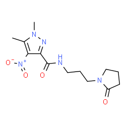 ChemSpider 2D Image | 1,5-Dimethyl-4-nitro-N-[3-(2-oxo-1-pyrrolidinyl)propyl]-1H-pyrazole-3-carboxamide | C13H19N5O4