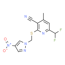 ChemSpider 2D Image | 6-(Difluoromethyl)-4-methyl-2-{[(4-nitro-1H-pyrazol-1-yl)methyl]sulfanyl}nicotinonitrile | C12H9F2N5O2S