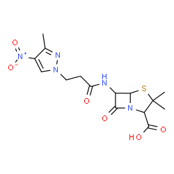 ChemSpider 2D Image | 3,3-Dimethyl-6-{[3-(3-methyl-4-nitro-1H-pyrazol-1-yl)propanoyl]amino}-7-oxo-4-thia-1-azabicyclo[3.2.0]heptane-2-carboxylic acid | C15H19N5O6S