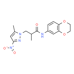 ChemSpider 2D Image | N-(2,3-Dihydro-1,4-benzodioxin-6-yl)-2-methyl-3-(5-methyl-3-nitro-1H-pyrazol-1-yl)propanamide | C16H18N4O5