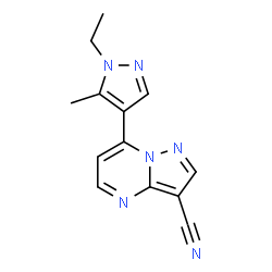 ChemSpider 2D Image | 7-(1-Ethyl-5-methyl-1H-pyrazol-4-yl)pyrazolo[1,5-a]pyrimidine-3-carbonitrile | C13H12N6