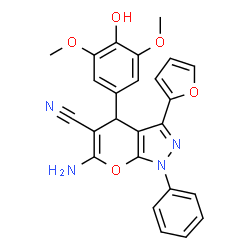 ChemSpider 2D Image | 6-Amino-3-(2-furyl)-4-(4-hydroxy-3,5-dimethoxyphenyl)-1-phenyl-1,4-dihydropyrano[2,3-c]pyrazole-5-carbonitrile | C25H20N4O5