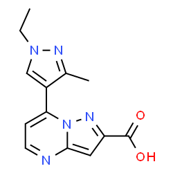 ChemSpider 2D Image | 7-(1-ethyl-3-methylpyrazol-4-yl)pyrazolo[1,5-a]pyrimidine-2-carboxylic acid | C13H13N5O2