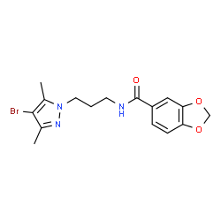 ChemSpider 2D Image | N-[3-(4-Bromo-3,5-dimethyl-1H-pyrazol-1-yl)propyl]-1,3-benzodioxole-5-carboxamide | C16H18BrN3O3