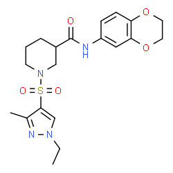 ChemSpider 2D Image | N-(2,3-Dihydro-1,4-benzodioxin-6-yl)-1-[(1-ethyl-3-methyl-1H-pyrazol-4-yl)sulfonyl]-3-piperidinecarboxamide | C20H26N4O5S