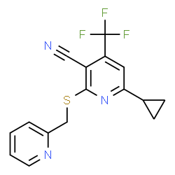 ChemSpider 2D Image | 6-Cyclopropyl-2-[(2-pyridinylmethyl)sulfanyl]-4-(trifluoromethyl)nicotinonitrile | C16H12F3N3S