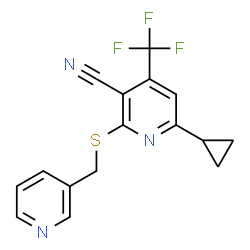 ChemSpider 2D Image | 6-Cyclopropyl-2-[(3-pyridinylmethyl)sulfanyl]-4-(trifluoromethyl)nicotinonitrile | C16H12F3N3S
