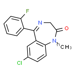 ChemSpider 2D Image | 7-Chloro-5-(2-fluorophenyl)-1-(~11~C)methyl-1,3-dihydro-2H-1,4-benzodiazepin-2-one | C1511CH12ClFN2O