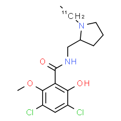 ChemSpider 2D Image | 3,5-Dichloro-N-({1-[(1-~11~C)ethyl]-2-pyrrolidinyl}methyl)-2-hydroxy-6-methoxybenzamide | C1411CH20Cl2N2O3