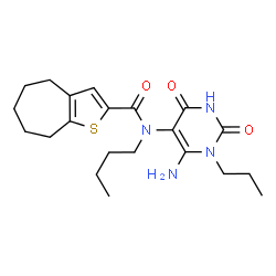 ChemSpider 2D Image | N-(6-Amino-2,4-dioxo-1-propyl-1,2,3,4-tetrahydro-5-pyrimidinyl)-N-butyl-5,6,7,8-tetrahydro-4H-cyclohepta[b]thiophene-2-carboxamide | C21H30N4O3S