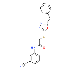 ChemSpider 2D Image | 2-[(5-Benzyl-1,3,4-oxadiazol-2-yl)sulfanyl]-N-(3-cyanophenyl)acetamide | C18H14N4O2S