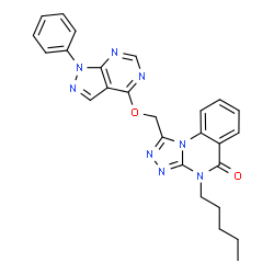 ChemSpider 2D Image | 4-Pentyl-1-{[(1-phenyl-1H-pyrazolo[3,4-d]pyrimidin-4-yl)oxy]methyl}[1,2,4]triazolo[4,3-a]quinazolin-5(4H)-one | C26H24N8O2