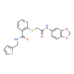 ChemSpider 2D Image | 2-{[2-(1,3-Benzodioxol-5-ylamino)-2-oxoethyl]sulfanyl}-N-(2-thienylmethyl)nicotinamide | C20H17N3O4S2
