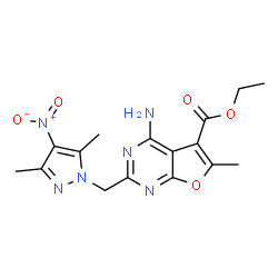 ChemSpider 2D Image | Ethyl 4-amino-2-[(3,5-dimethyl-4-nitro-1H-pyrazol-1-yl)methyl]-6-methylfuro[2,3-d]pyrimidine-5-carboxylate | C16H18N6O5