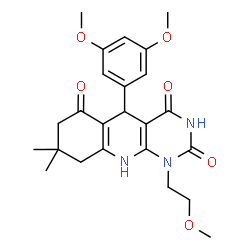 ChemSpider 2D Image | 5-(3,5-Dimethoxyphenyl)-1-(2-methoxyethyl)-8,8-dimethyl-5,8,9,10-tetrahydropyrimido[4,5-b]quinoline-2,4,6(1H,3H,7H)-trione | C24H29N3O6