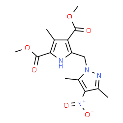 ChemSpider 2D Image | Dimethyl 5-[(3,5-dimethyl-4-nitro-1H-pyrazol-1-yl)methyl]-3-methyl-1H-pyrrole-2,4-dicarboxylate | C15H18N4O6