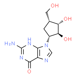 ChemSpider 2D Image | 2-Amino-9-[(1R,2S,3S,4R)-2,3-dihydroxy-4-(hydroxymethyl)cyclopentyl]-3,9-dihydro-6H-purin-6-one | C11H15N5O4
