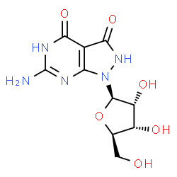 ChemSpider 2D Image | 6-Amino-3-oxo-1-beta-D-ribofuranosylpyrazolo(3,4-d)pyrimidin-4(5H)-one | C10H13N5O6