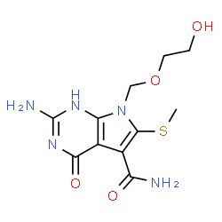 ChemSpider 2D Image | 2-Amino-5-(aminocarbonyl)-6-(methylthio)-7-((2-hydroxyethoxy)methyl)pyrrolo(2,3-d)pyrimidin-4-one | C11H15N5O4S